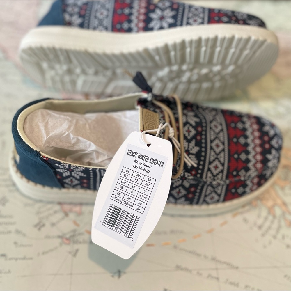 HeyDude Wendy Winter Sweater Patterned Slip-On Shoes w/ Blue and Red Accents W7 - Picture 8 of 16
